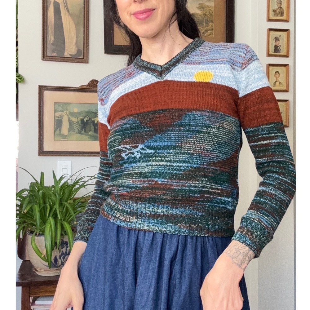 Vintage 70s Space Dyed Mountain Landscape V-Neck Sweater Rust Blue Green Sun - Picture 4 of 6